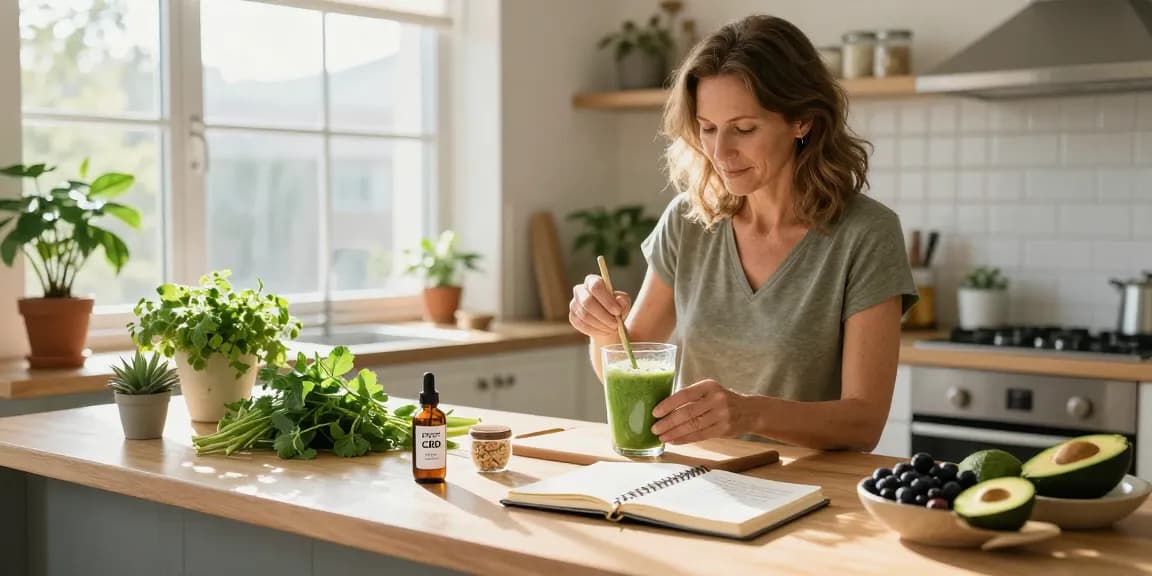 Marketing y Publicidad, aceite de CBD orgánico y productos de bienestar en cocina luminosa