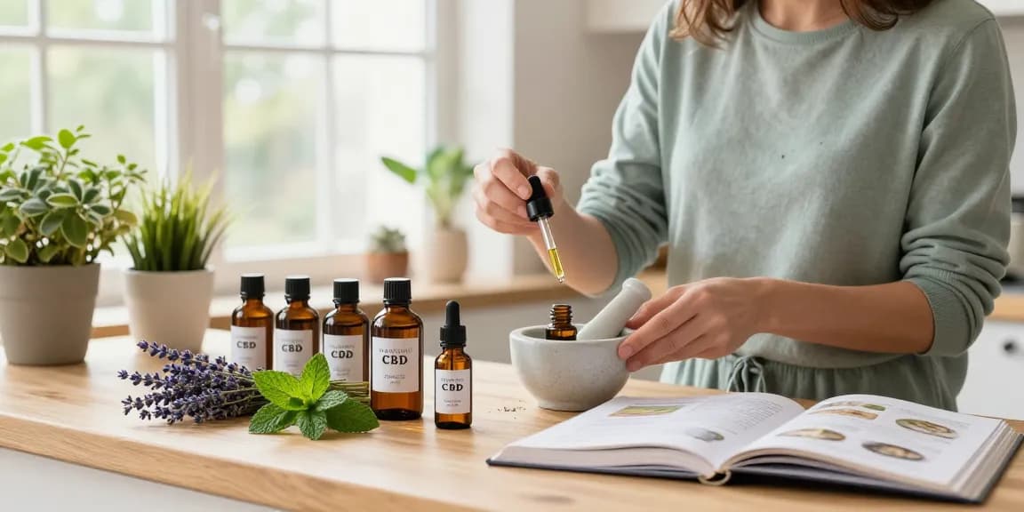 Shop organic CBD oil Canada in a cozy kitchen setting, with tinctures prepared and fresh herbs creating a calming atmosphere.