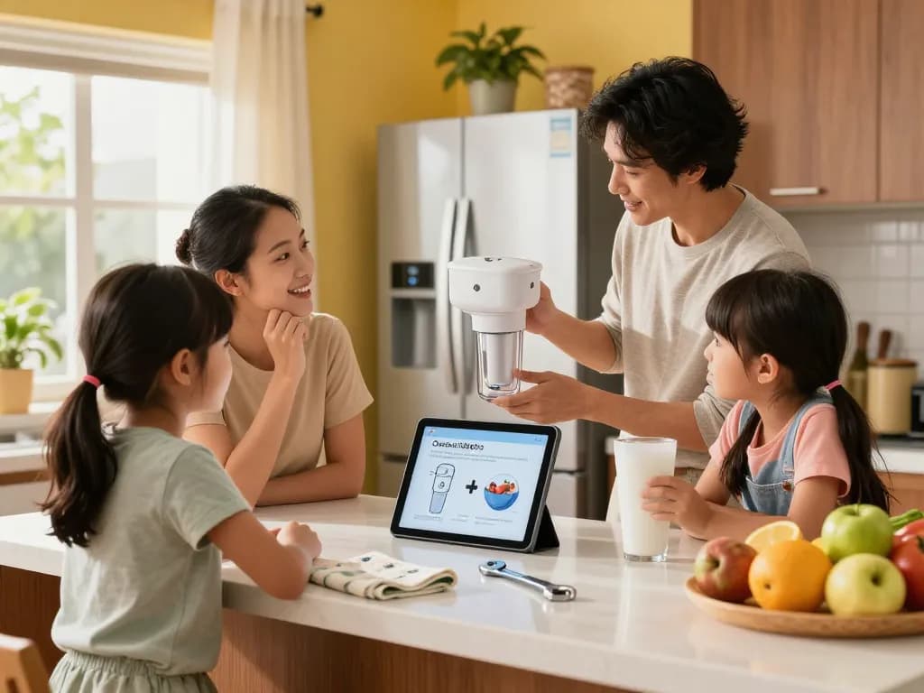 Family demonstrating Overbest OB6013 Replacement for GE® MWF® water filter installation in a modern kitchen.