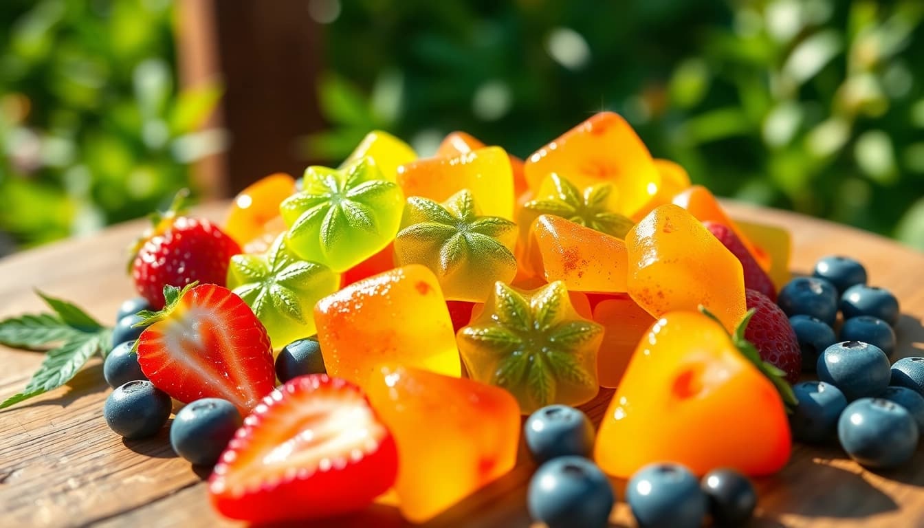 Savor delicious Weed Gummies surrounded by fresh fruits on a rustic table.