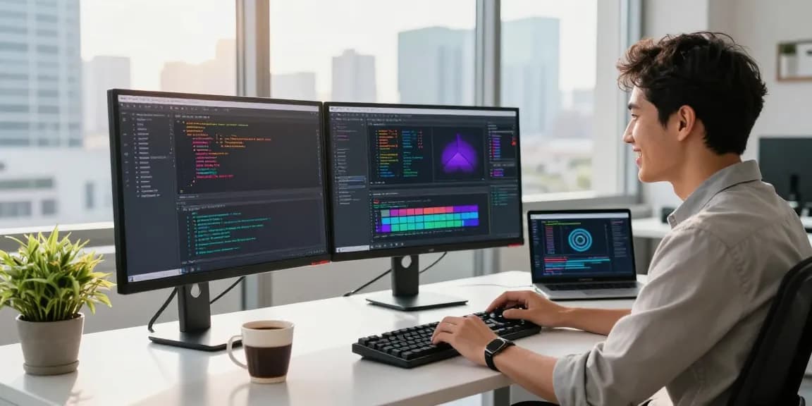 Innovative workspace showcasing a developer at work on the WPS Official Website, with coding interfaces and vibrant atmosphere.