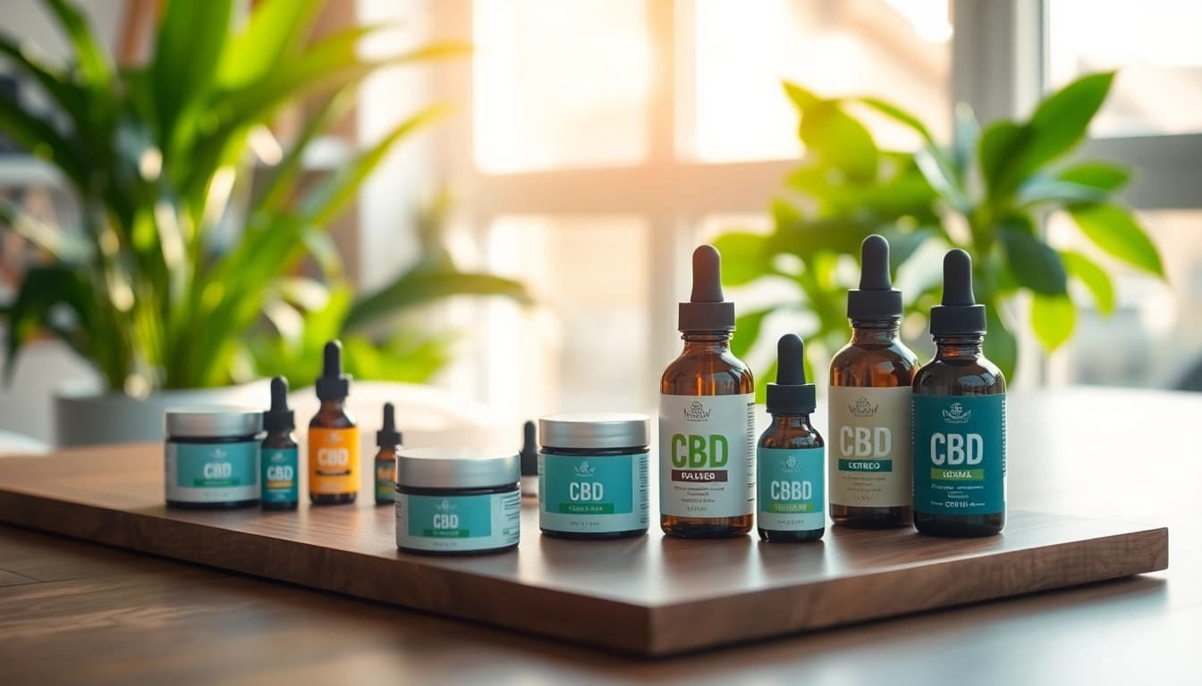 Proveedor de productos CBD mostrando variedad de productos en una mesa atractiva.