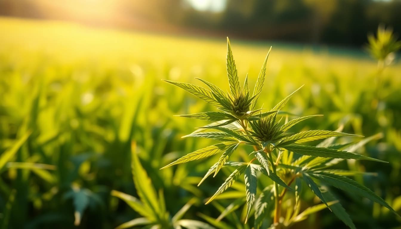 Showcasing organic hemp plant with healthy, vibrant leaves in a sunlit field.