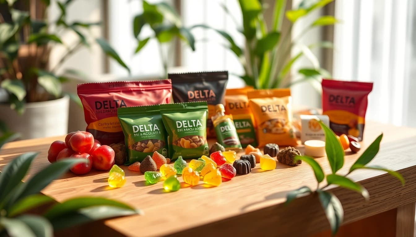 Showcasing Delta 9 edibles in a colorful display surrounded by greenery.