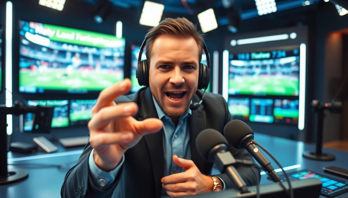 Engaging sports broadcasting studio showcasing an energetic announcer delivering live sports commentary.
