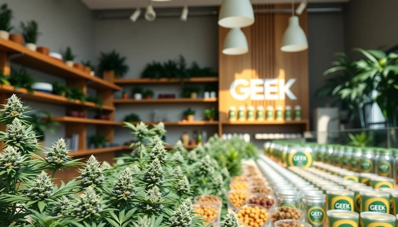 Showcase of GEEK THC cannabis products in a modern dispensary setting.