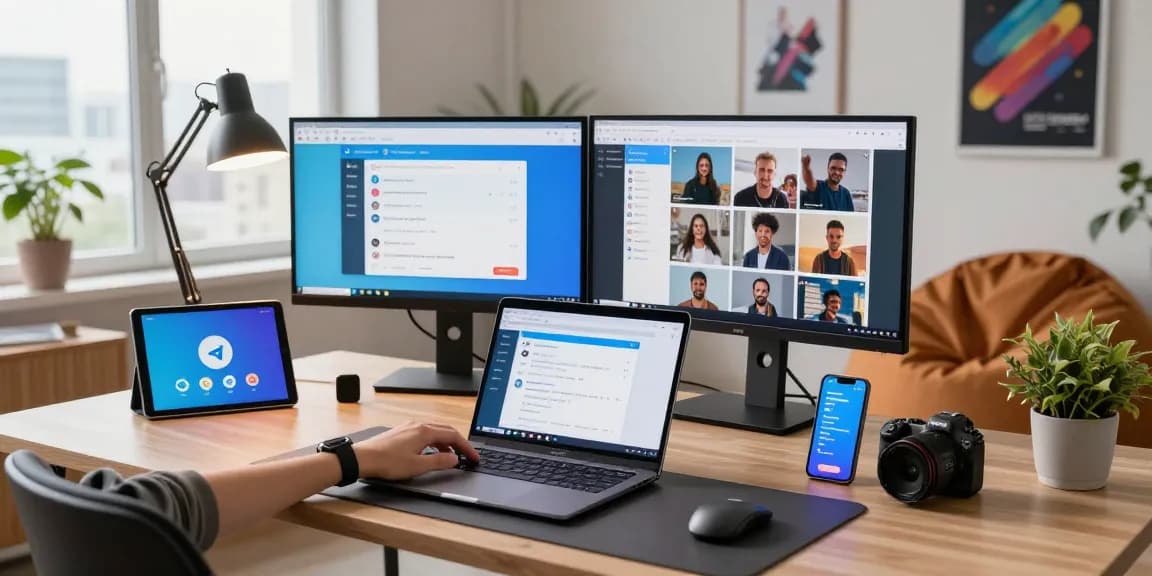 Engaged user utilizing Telegram Web Version on a laptop with dual monitors in a modern workspace.