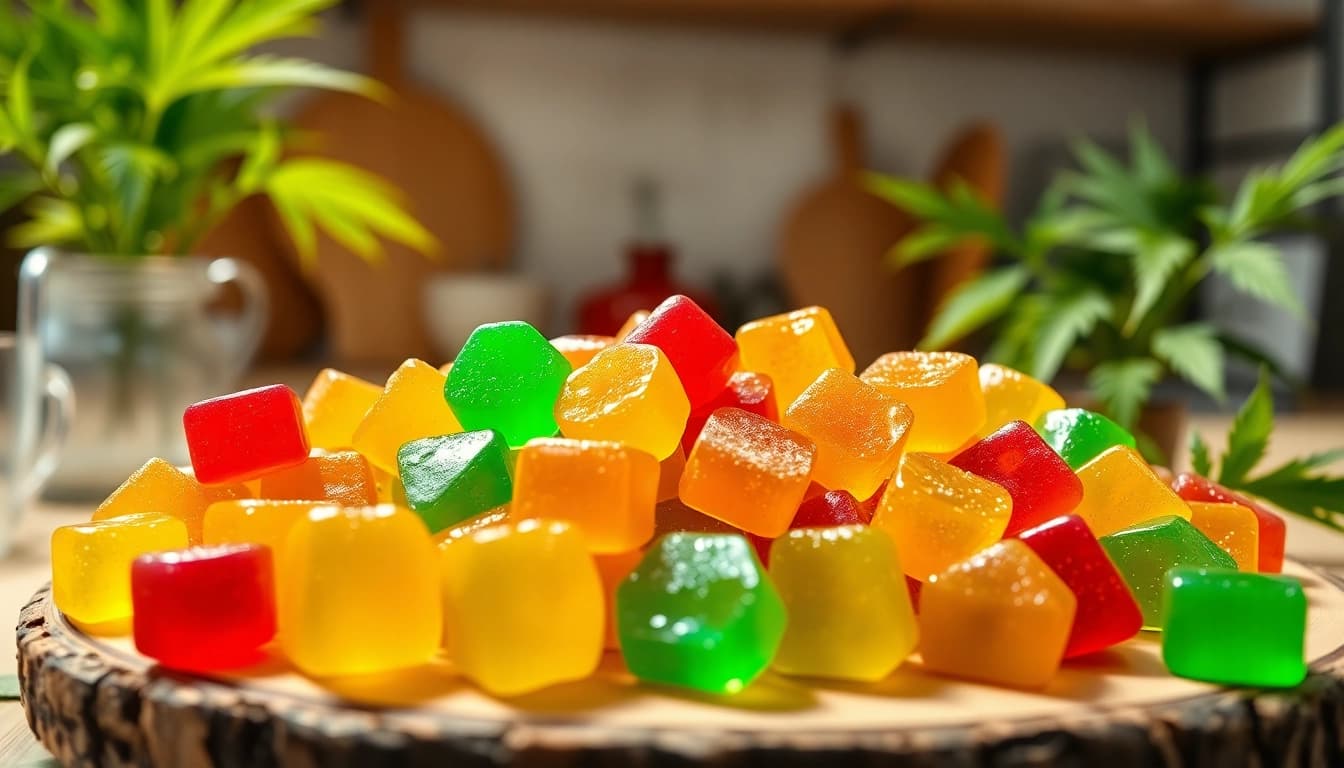 Indulge in Weed Gummies with colorful varieties displayed elegantly on a natural wooden platter.