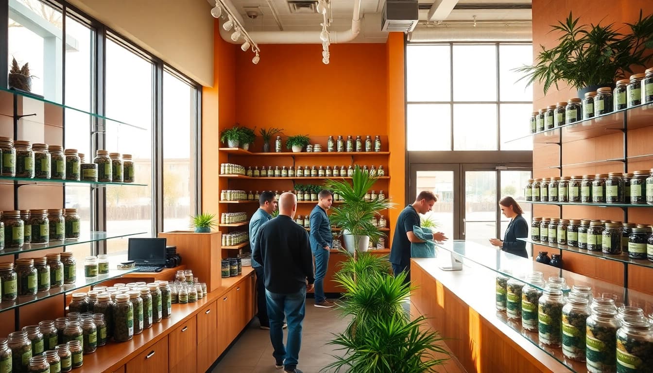 Learn how to get weed in uk with a vibrant cannabis dispensary display.