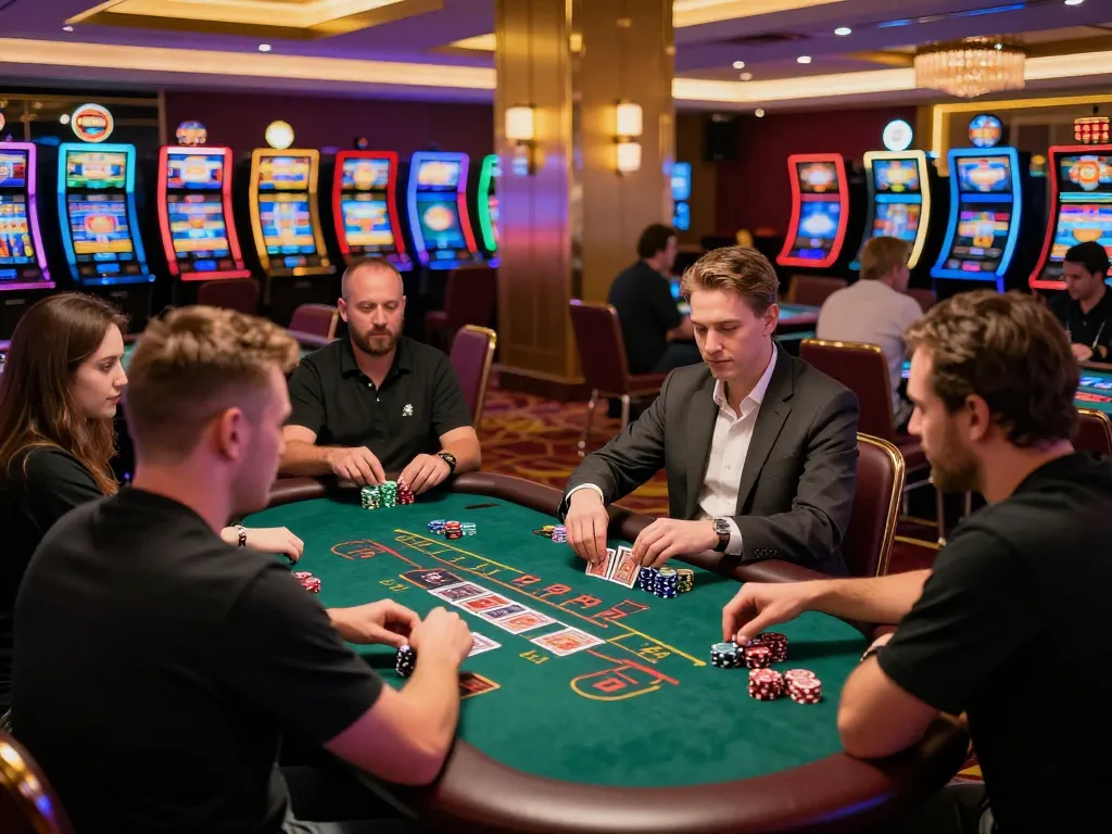 Exciting casino gaming experience at Da88 with players engaged at blackjack tables and vibrant slot machines