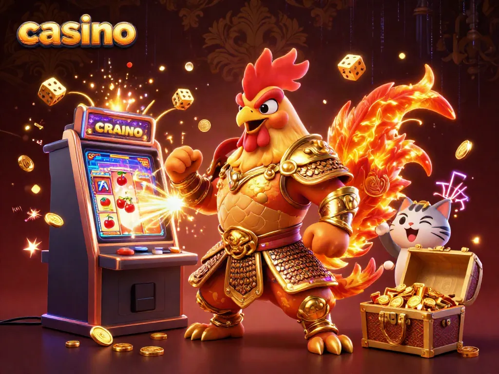 Experience high-energy casino action with cartoon fighting rooster, dragon hatchling, and fortune cat.