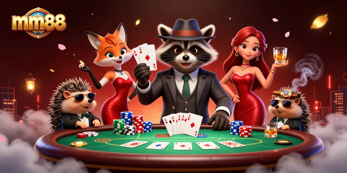 Experience thrilling gameplay at mm88 with a suave raccoon, charming fox, and hedgehog bouncer at the poker table.