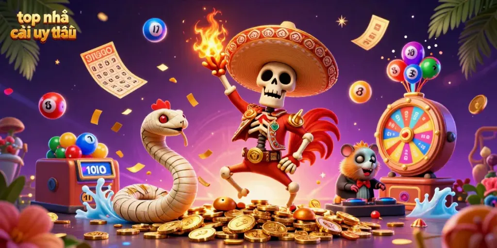 Experience the excitement with top nhà cái uy tín through dynamic characters celebrating on gold coins in a vibrant casino-themed scene.