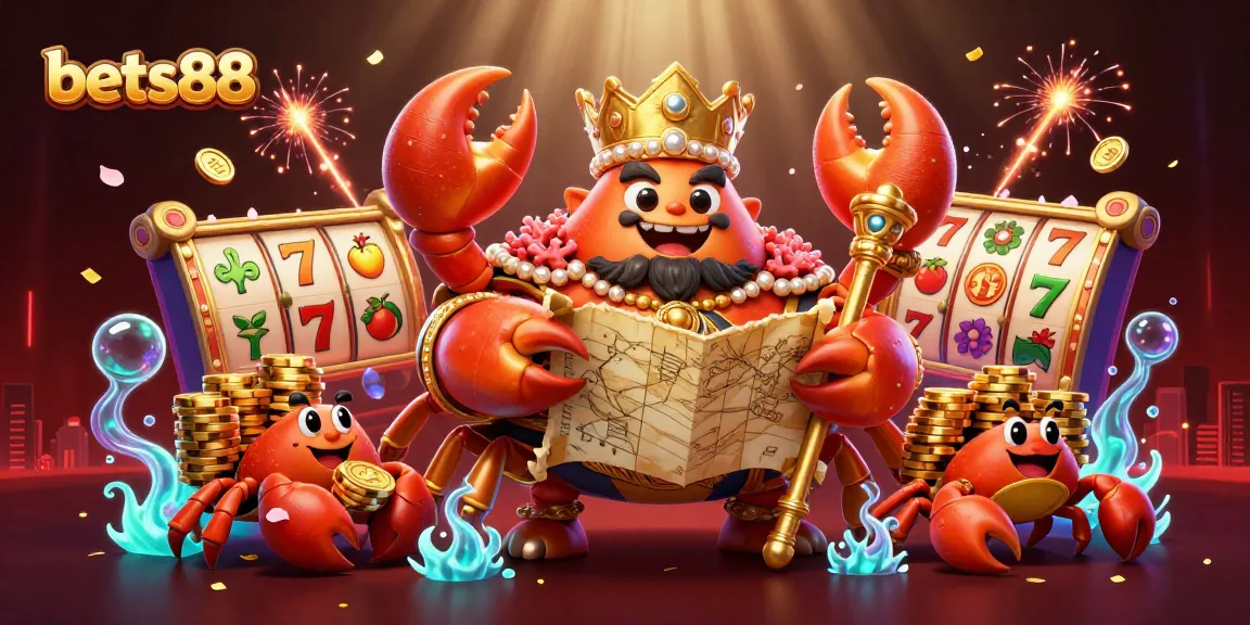 Engage with bets88 at this dynamic 3D illustration featuring a golden crab emperor amidst slot reels and vibrant casino elements.