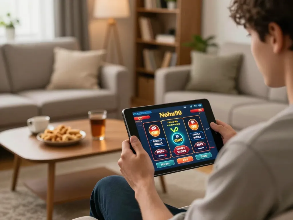 Nohu user playing online casino games on a tablet in a cozy living room setting.