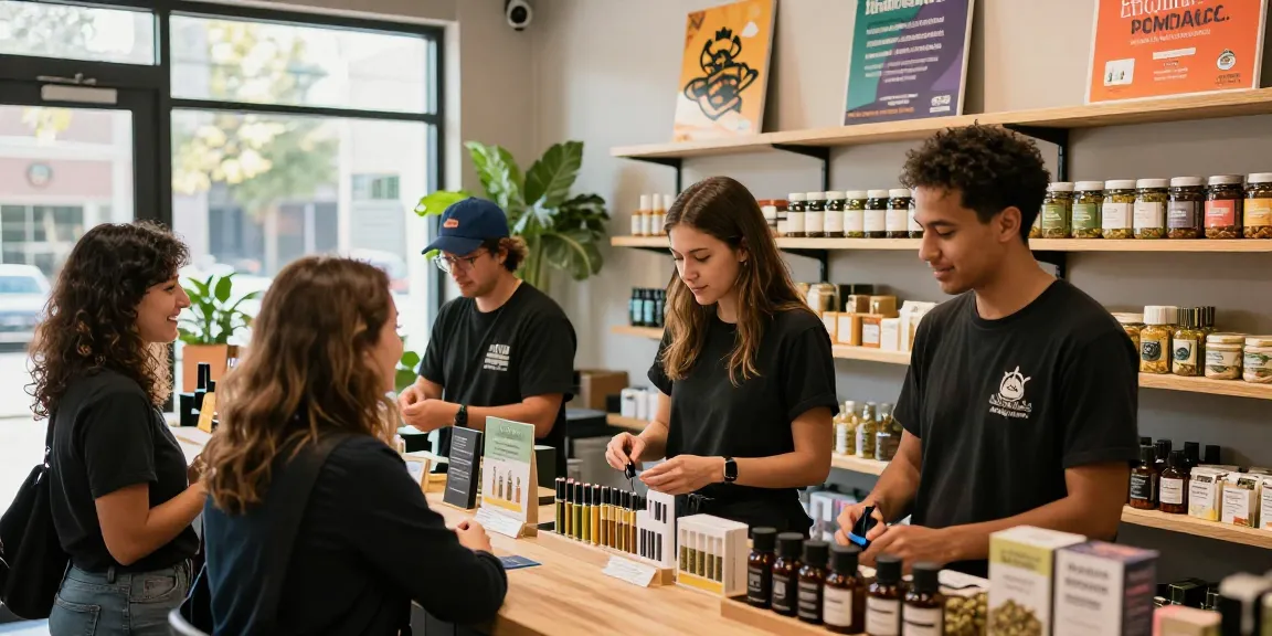 Muha med cannabis products showcased in a lively urban shop.