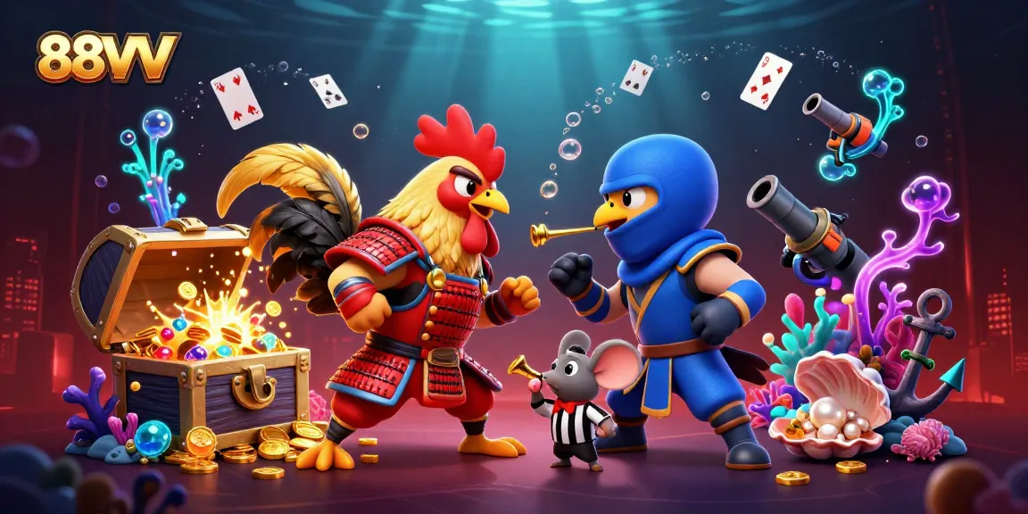 Engage in thrilling actions at 88VV as roosters battle amidst gold coins and vibrant underwater treasures.
