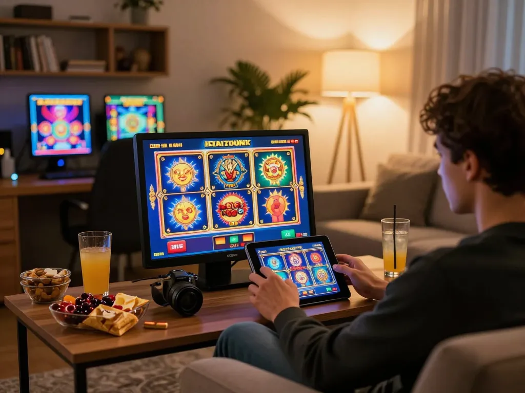 Enjoying slot games on 8K8 in a cozy home setting with snacks and drinks nearby