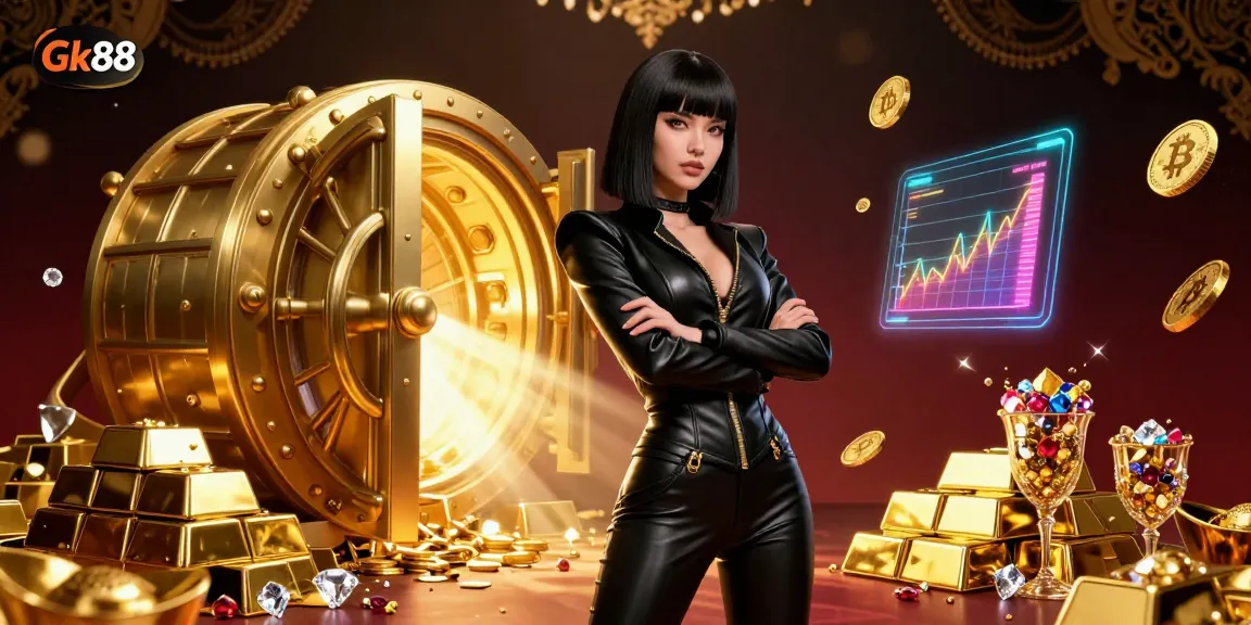 Experience Gk88's dynamic casino world with a stunning Asian woman in a futuristic setting, surrounded by treasures.