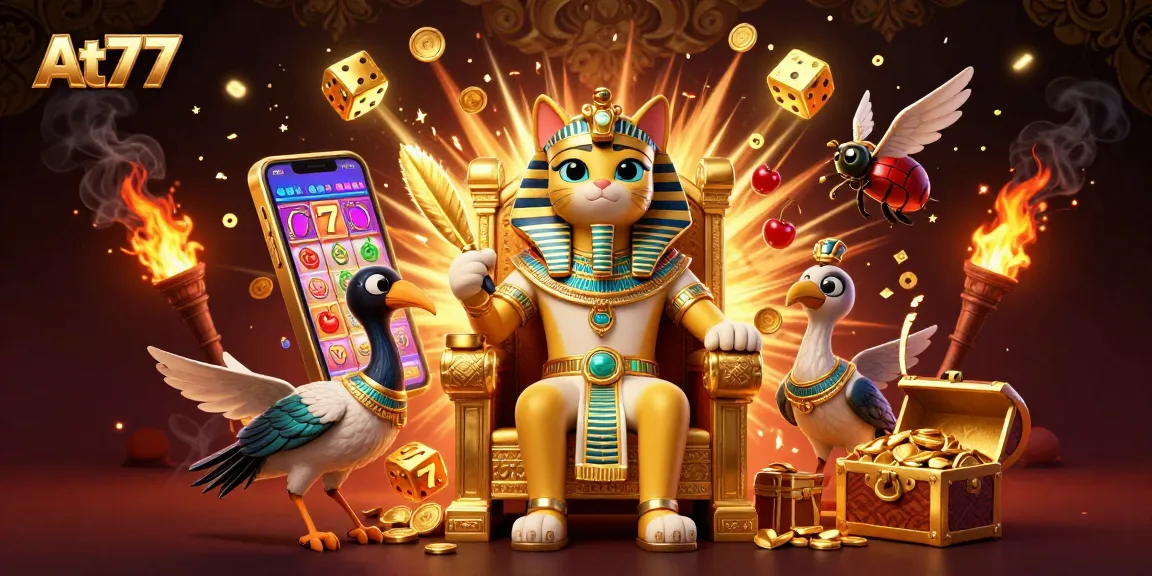Experience the excitement of At77 with a dynamic 3D casino scene showcasing thrilling games and vibrant elements.