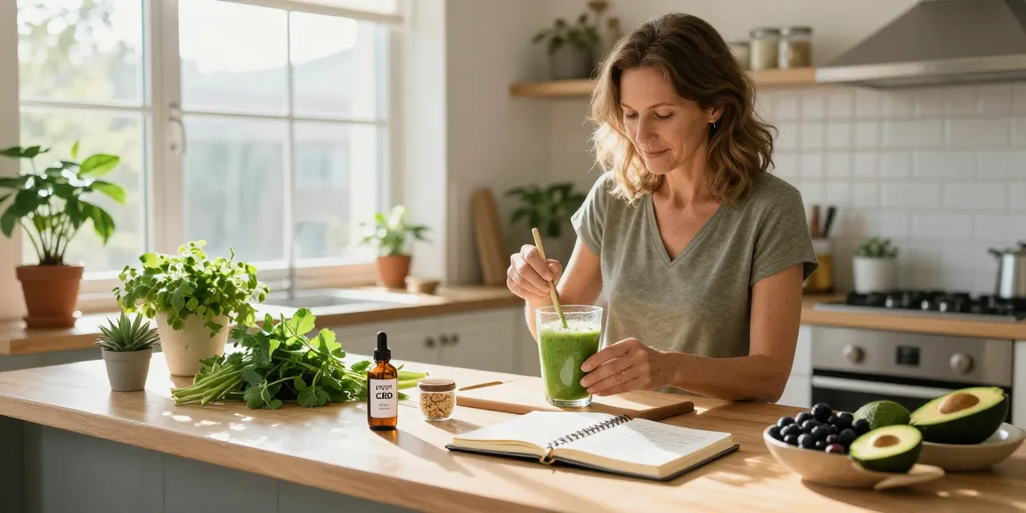 Marketing y Publicidad, aceite de CBD orgánico y productos de bienestar en cocina luminosa