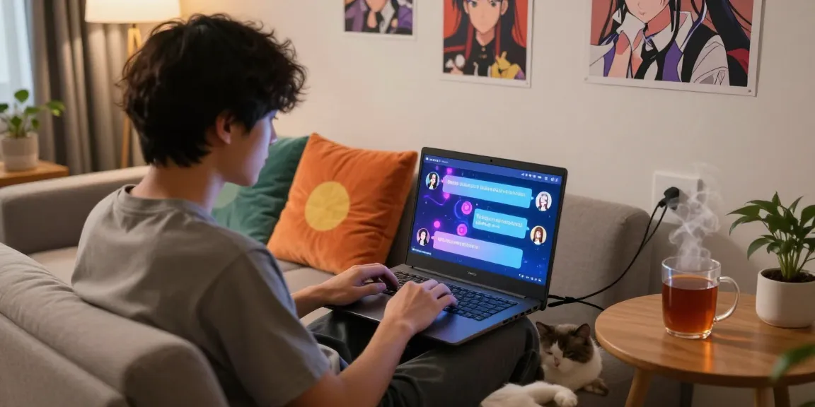 Engaging in hentai ai chat on a laptop in a cozy living room.