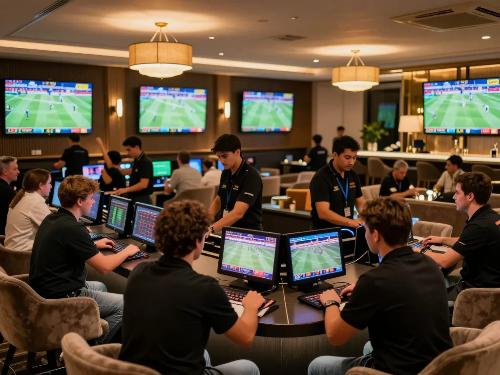 Patrons immersing in sports betting excitement at F168VIP lounge, watching live matches on screens