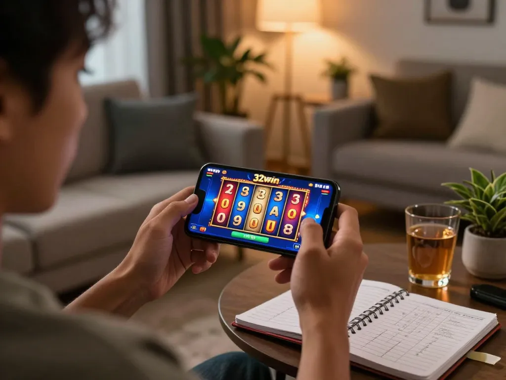 Experience the excitement of winning at 32win while playing a mobile casino game in a cozy home setting.