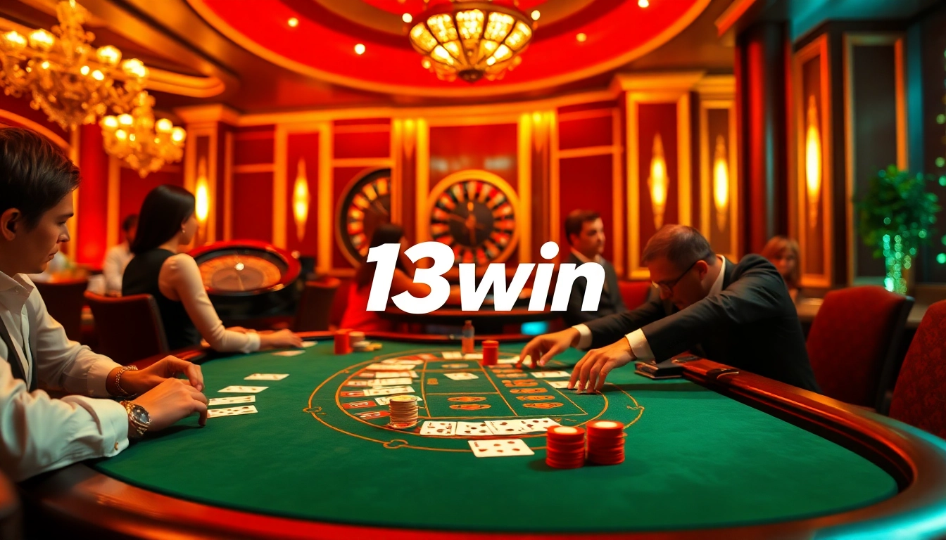 Engaging players at a 13win poker table in a luxurious casino atmosphere.