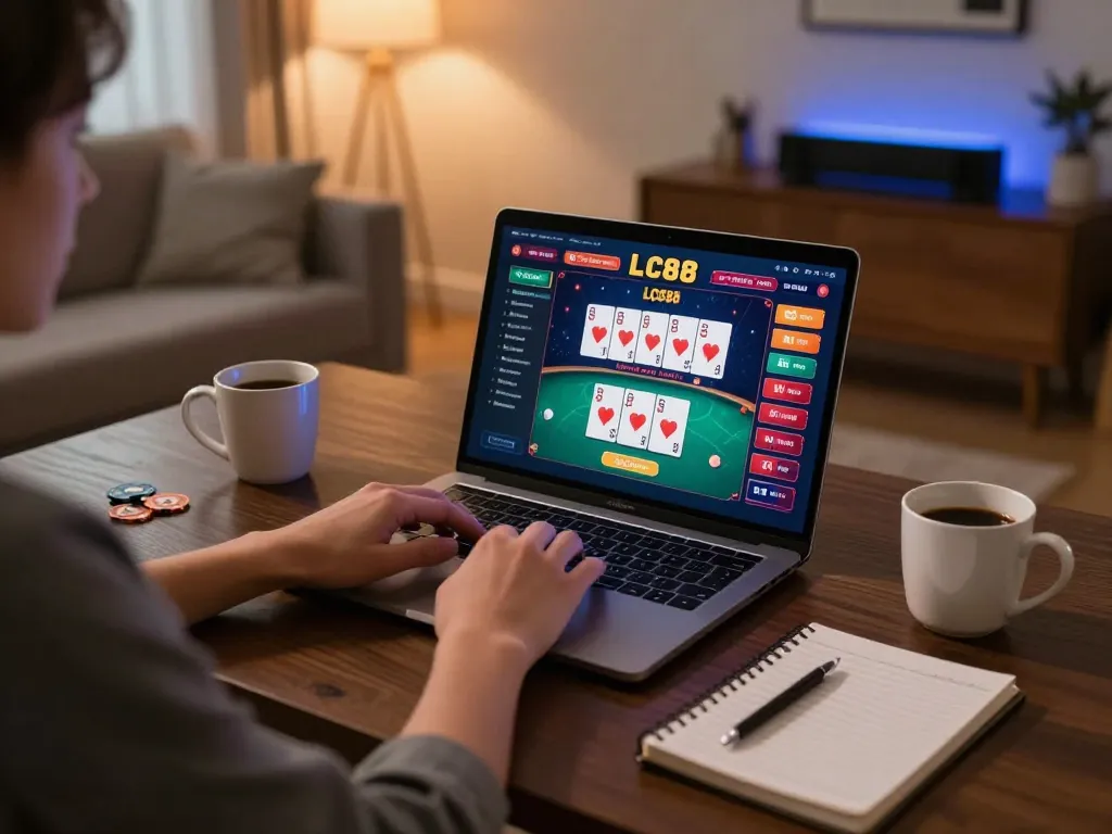 Play poker on LC88 platform with engaging online experience in a cozy home setting.