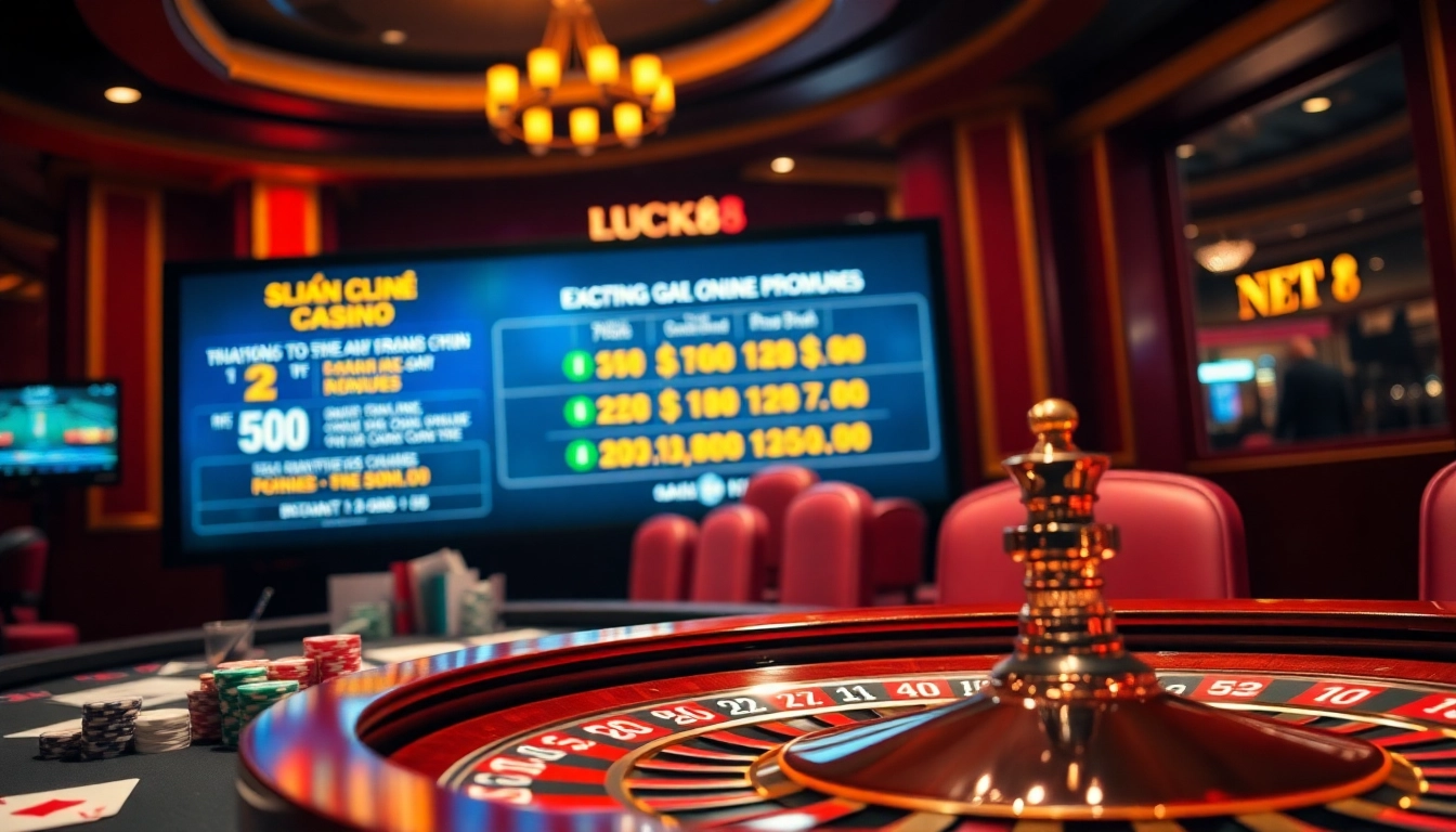 Experience the excitement of trang chủ luck8 with a luxurious casino scene featuring vibrant roulette, cards, and winning promotions.
