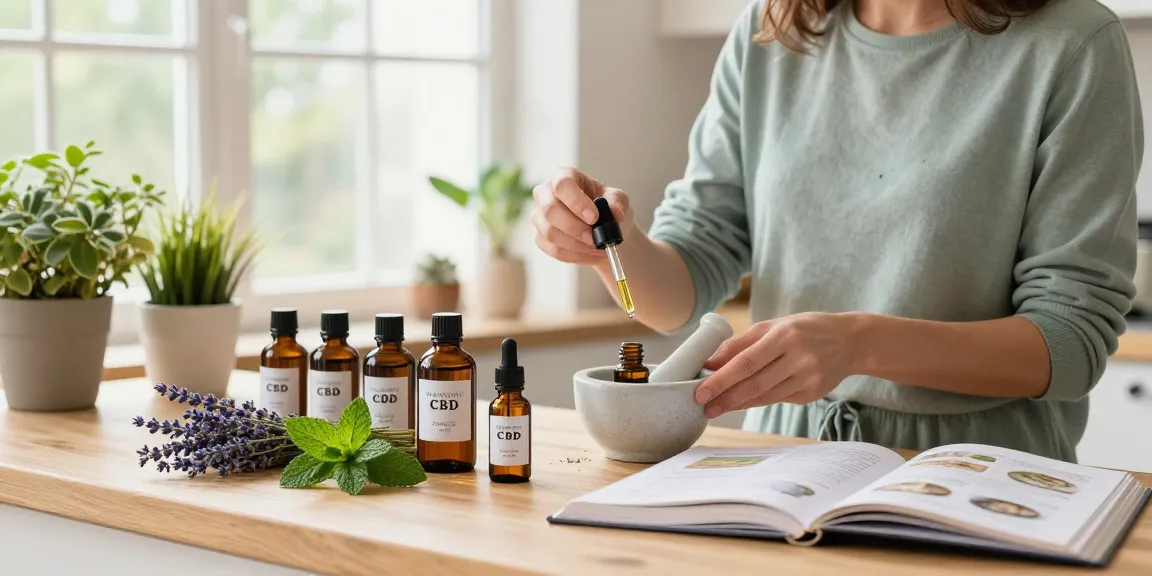 Shop organic CBD oil Canada in a cozy kitchen setting, with tinctures prepared and fresh herbs creating a calming atmosphere.