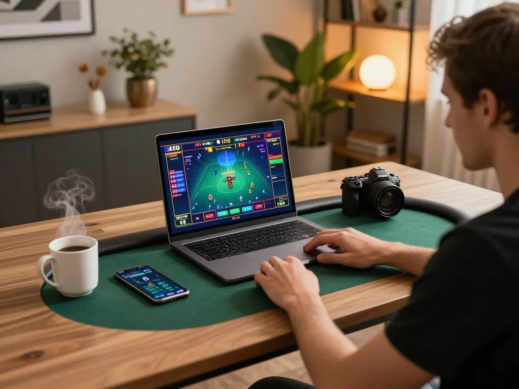 Person engaged in an online poker game on their laptop, enhancing the ATQ gaming experience in a stylish home setup