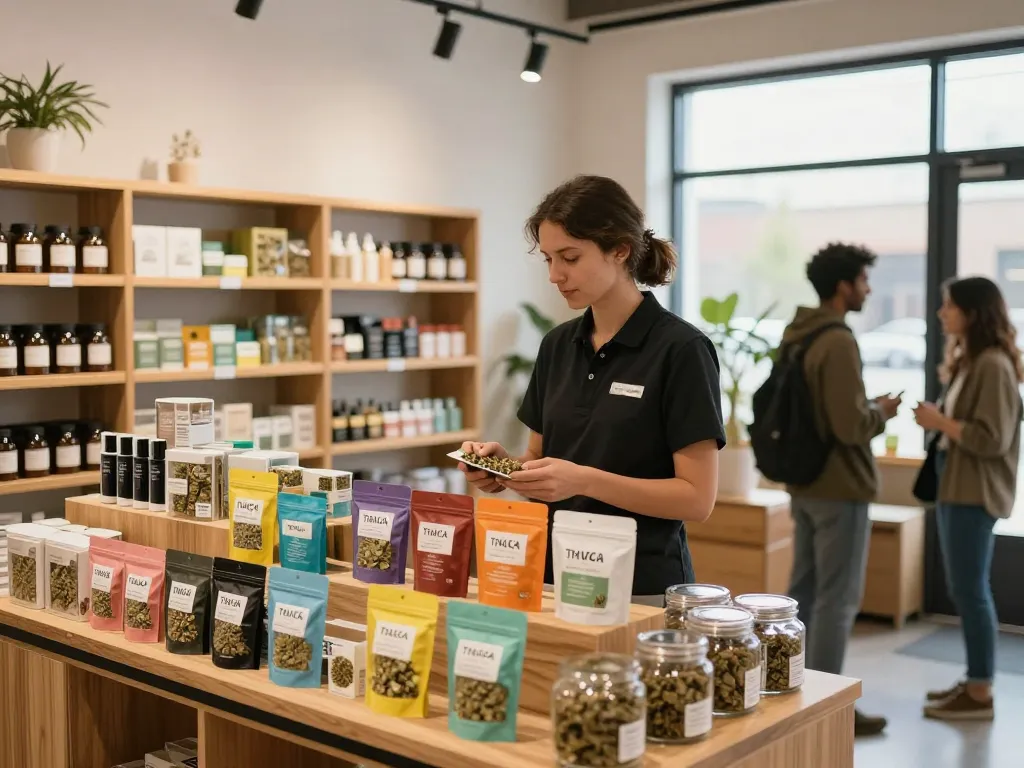 Engaging display of THCA products in a welcoming retail setting, highlighting colorful packaging.