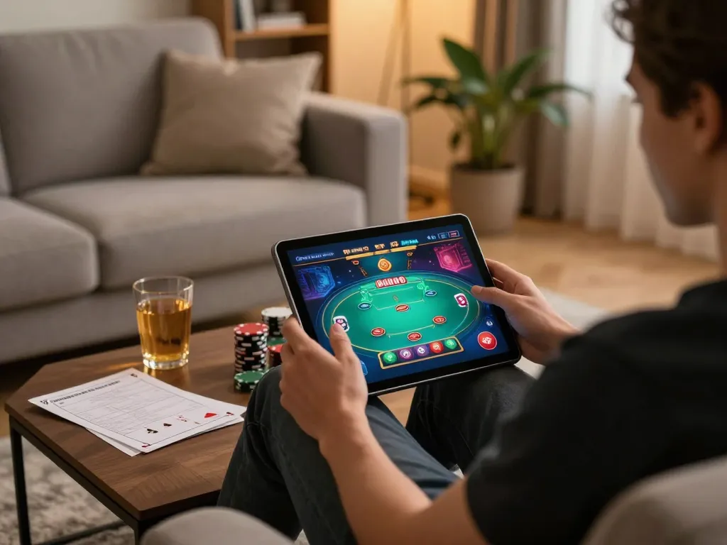 Engaging in online poker gameplay on dn88 platform with cozy home setting and strategy notes.