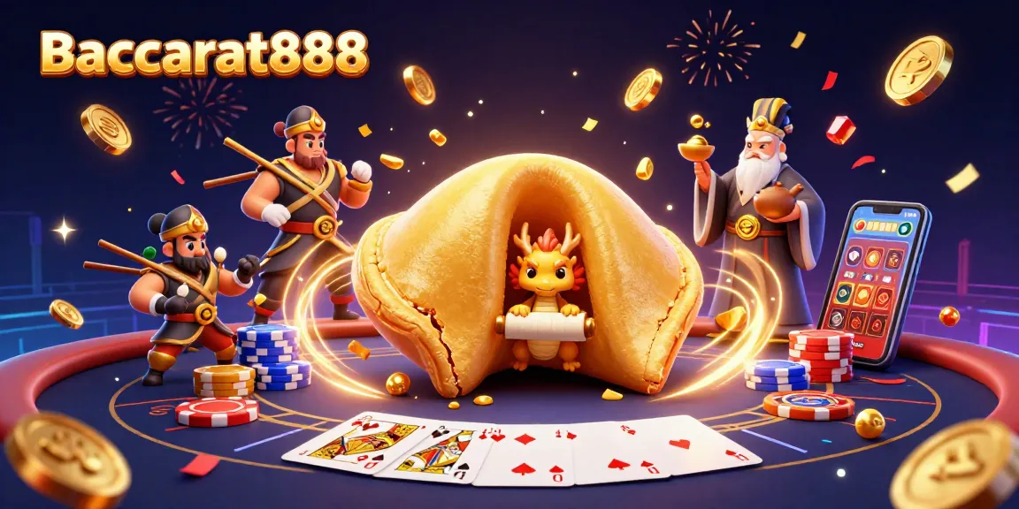 Baccarat888 thrilling illustration with fortune cookie, dragon, and dynamic gambling elements for exciting casino experiences