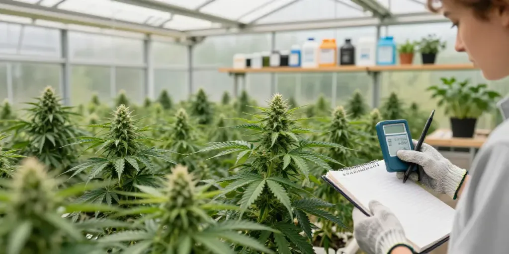 Cannabissamen kaufen in a vibrant urban greenhouse with a gardener inspecting cannabis plants.