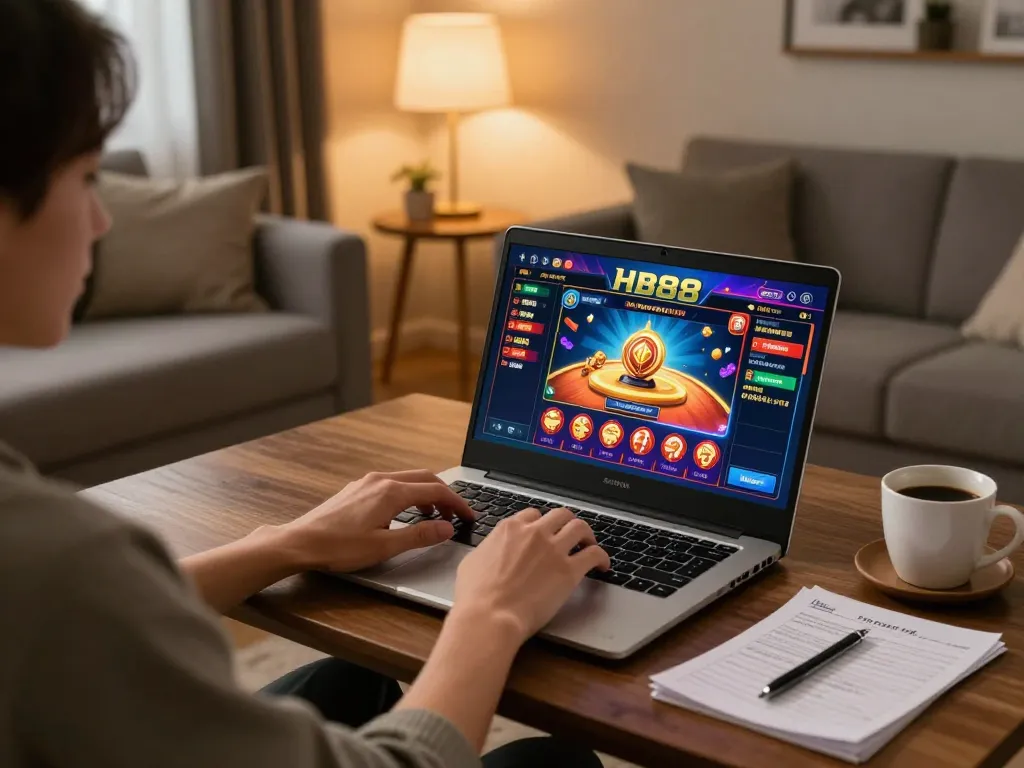 Player engaged with HB88 gaming platform on laptop in a cozy living room