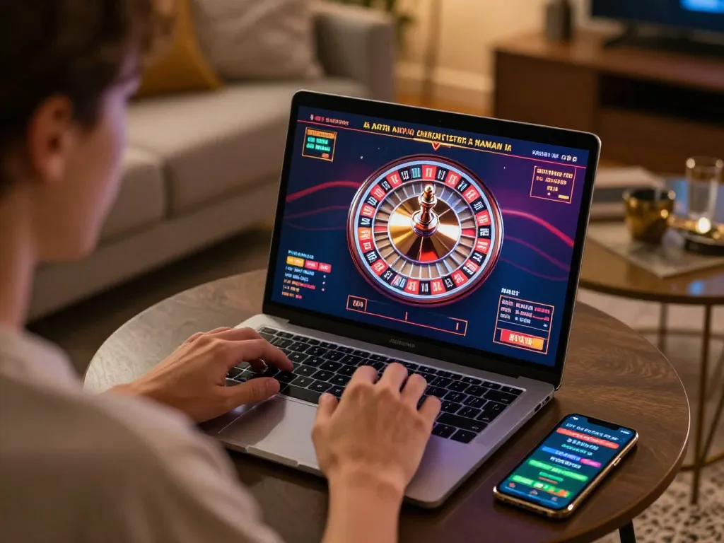 Player immersed in online casino gameplay on dn88s laptop, dynamic roulette wheel on screen.