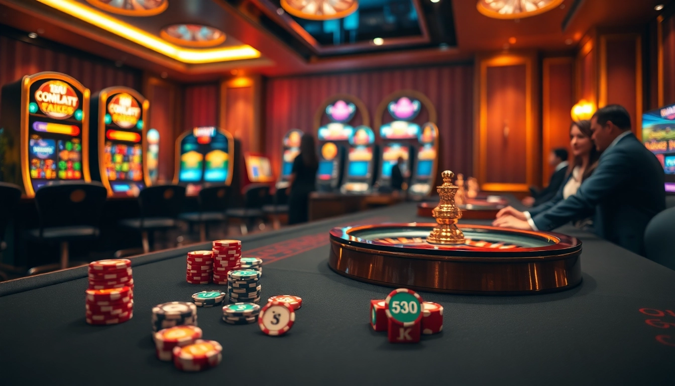 Experience the thrill of MV66 with players engaging at a luxurious casino table full of vibrant gambling elements.