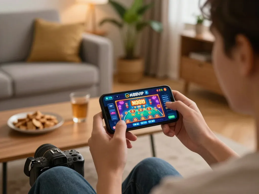 Engaging with DH88VIP app on smartphone, showcasing online gaming in cozy home setting