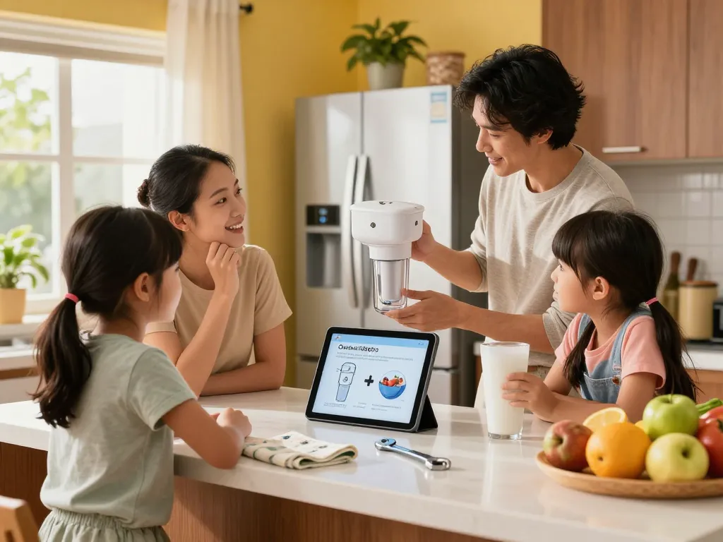 Family demonstrating Overbest OB6013 Replacement for GE® MWF® water filter installation in a modern kitchen.