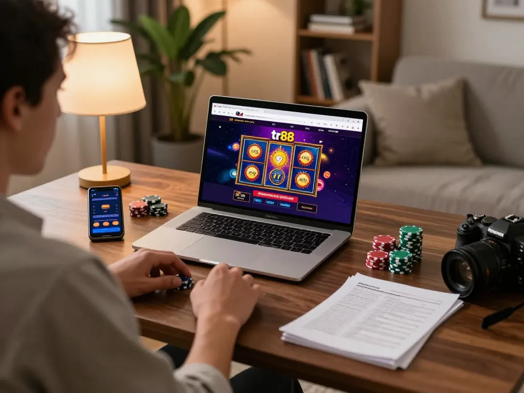 Engaging gaming experience on tr88 website with vibrant slot games displayed on a stylish laptop.