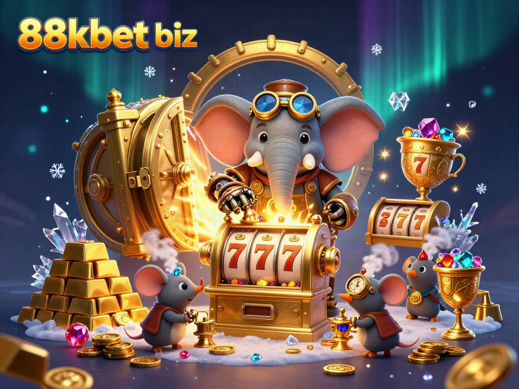 Experience thrilling slots action with 88kbet biz in this vibrant casino illustration featuring steampunk elements.