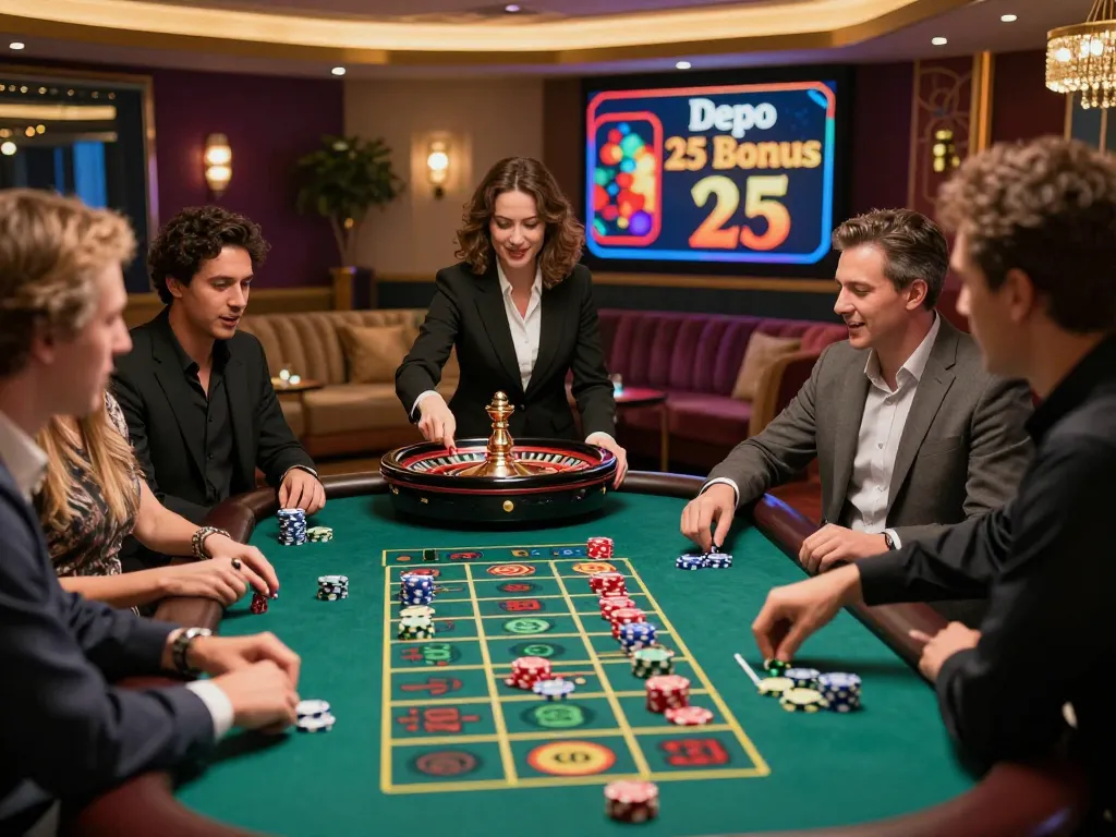 Exciting gameplay scene showcasing depo 25 bonus 25 at a roulette table with vibrant players and chips.