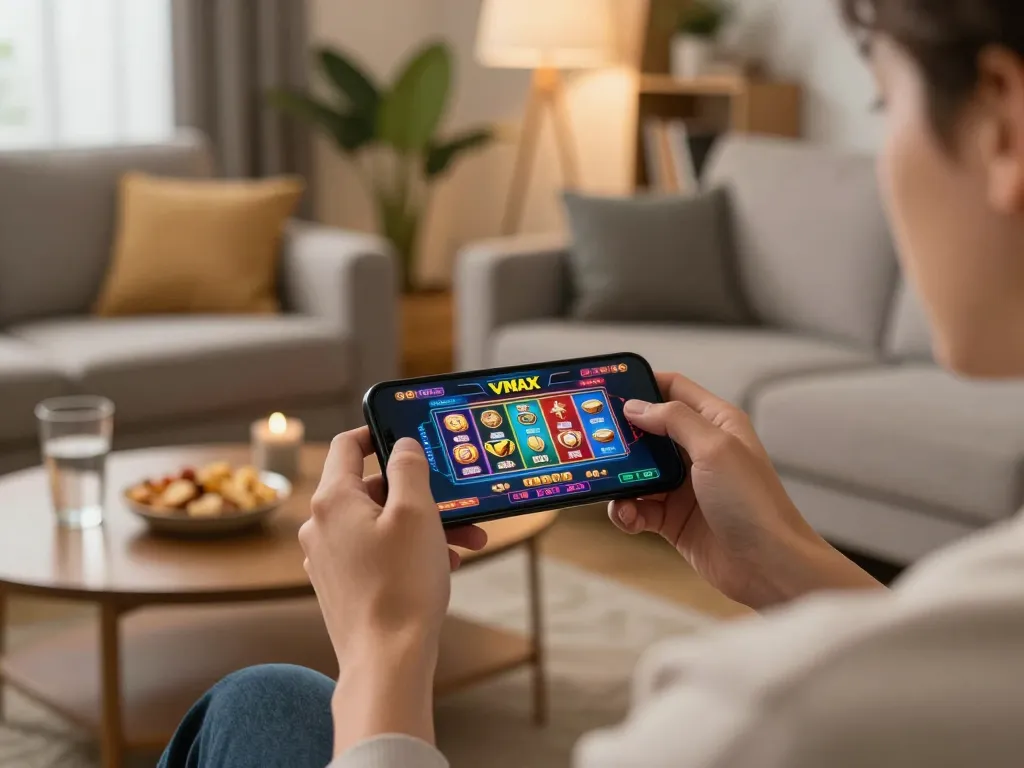Playing VMAX online casino games on a smartphone in a cozy home setting with snacks.