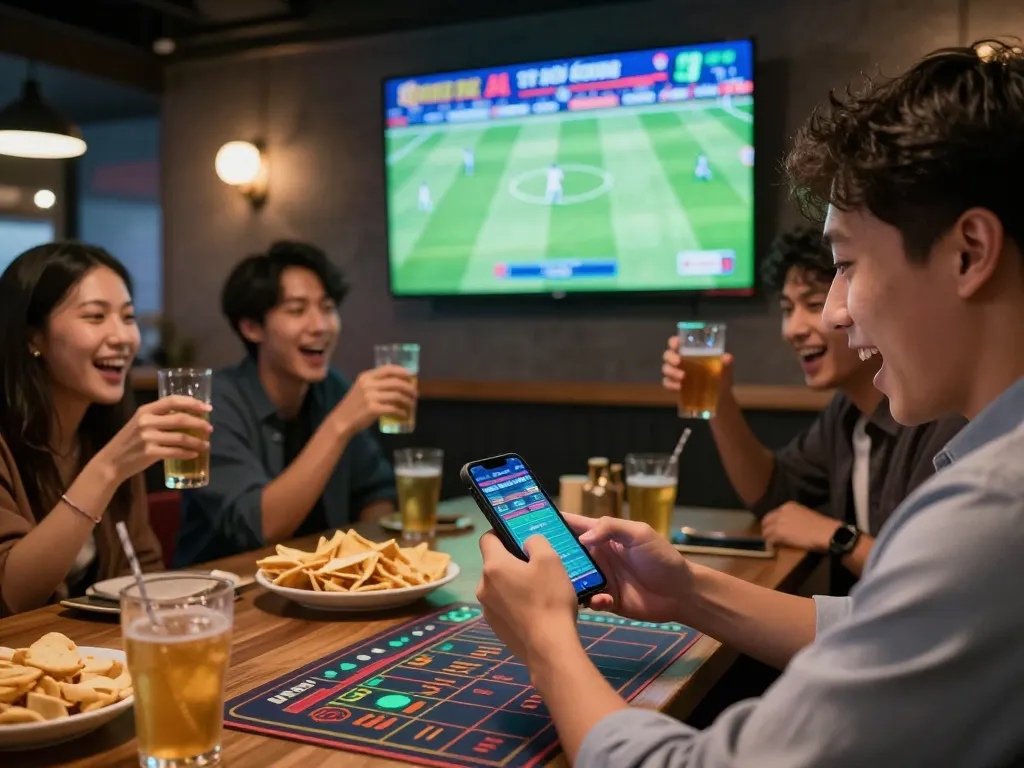 Person placing real-time bets on tỷ lệ bóng đá trực tuyến in lively sports bar setting with friends.