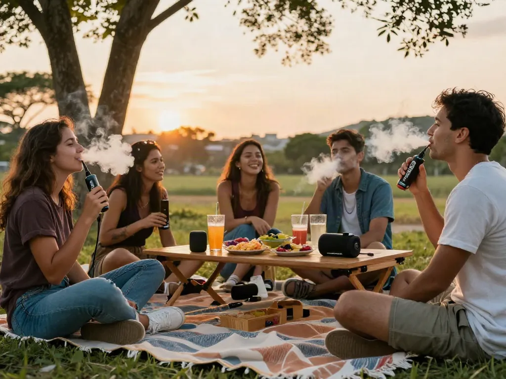 Friends gathering outdoors with Packwood carts at sunset, enjoying snacks and music.