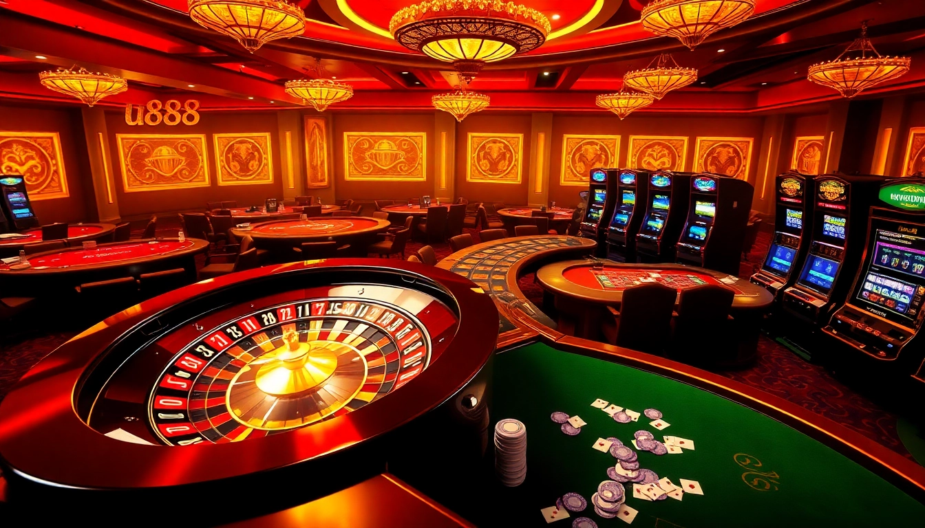 u888 casino players enjoying card games and roulette in a luxurious setting
