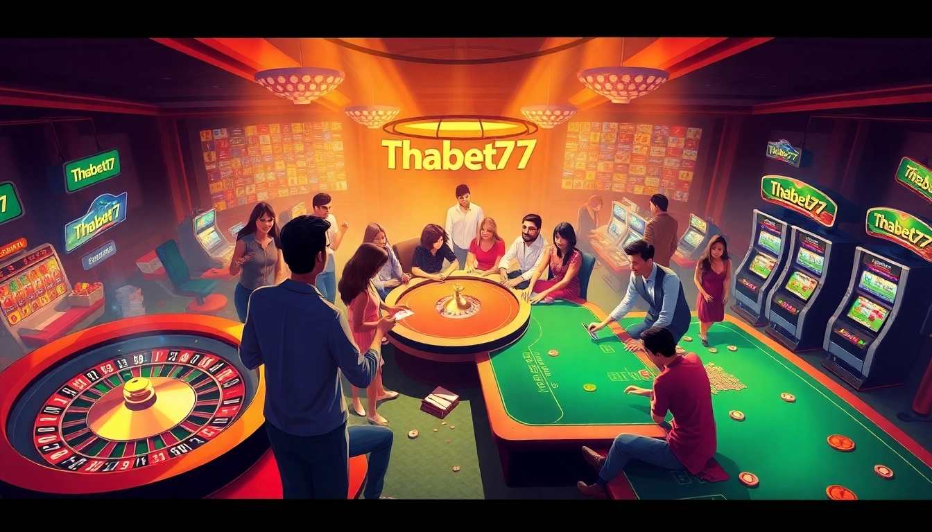 Experience the thrill of gambling action at Thabet77 casino, with vibrant gaming tables and enthusiastic players.